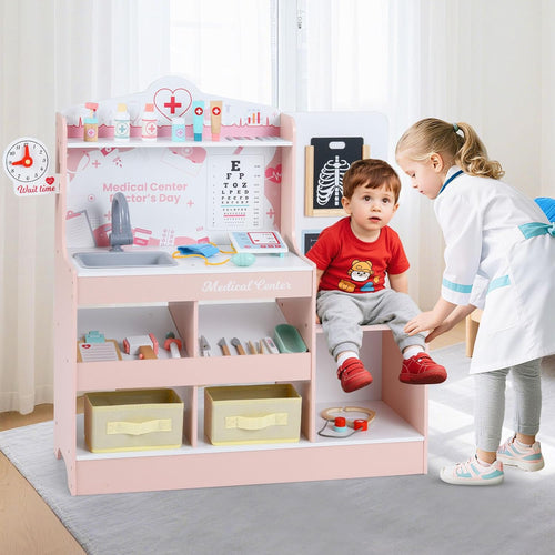 OLAKIDS Doctor Playset Wooden Pretend Medical Station Activity Center Toy Set for Toddler