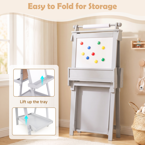 OLAKIDS Easel for Kids, 3 in 1 Adjustable Painting Art Board, Foldable Double-Sided Wooden Drawing Chalkboard Magnetic Whiteboard