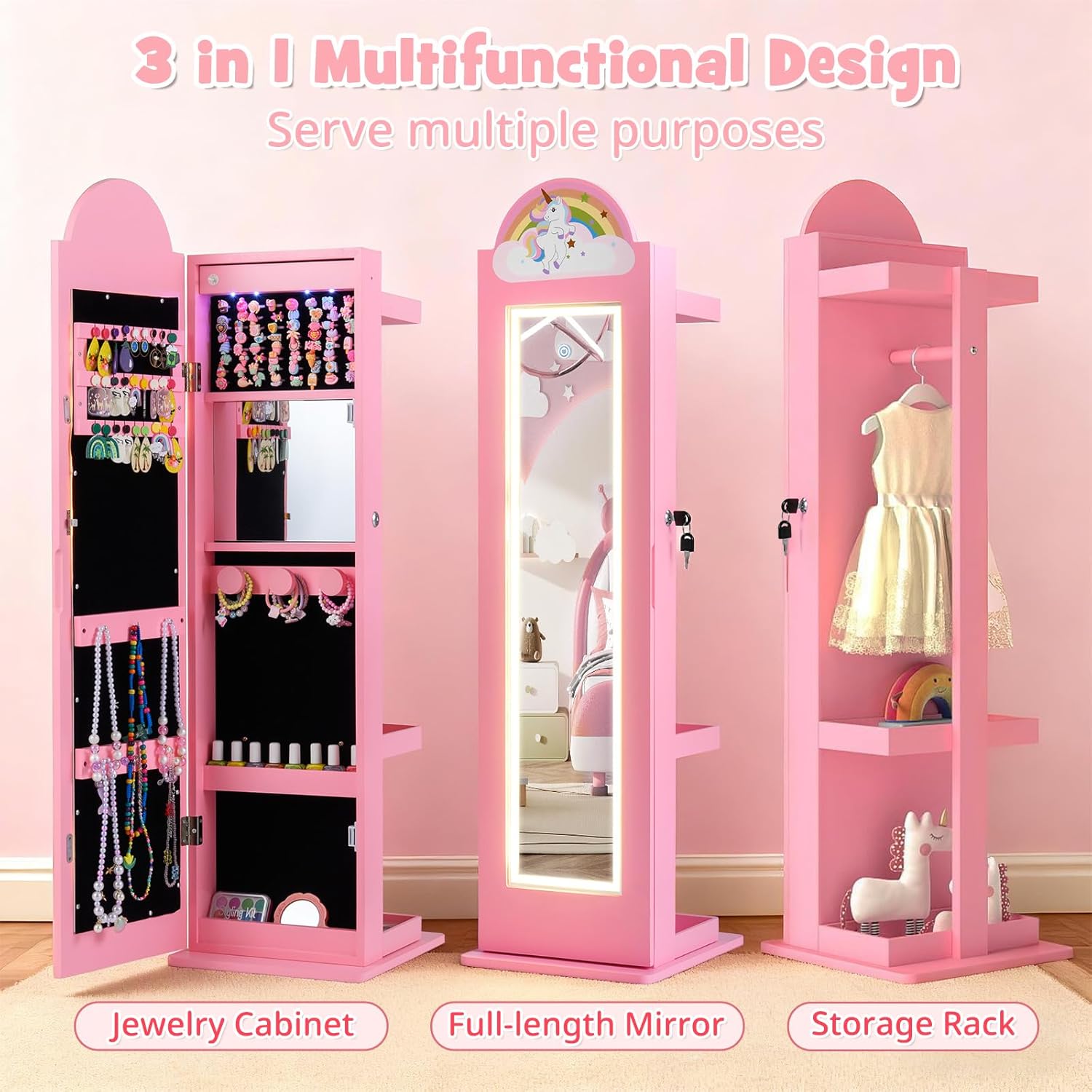OLAKIDS Kids Jewelry Armoire Cabinet, 360° Swivel Lockable Standing Makeup Organizer