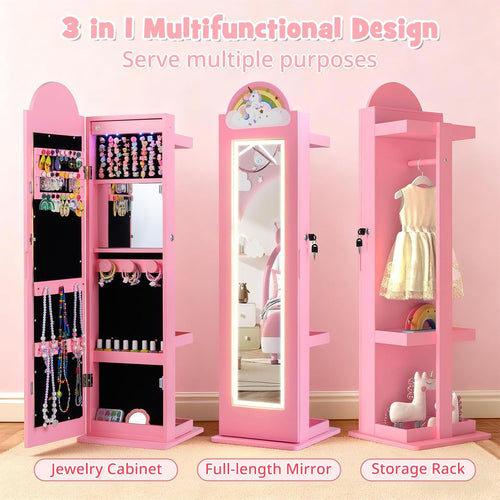 OLAKIDS Kids Jewelry Armoire Cabinet, 360° Swivel Lockable Standing Makeup Organizer