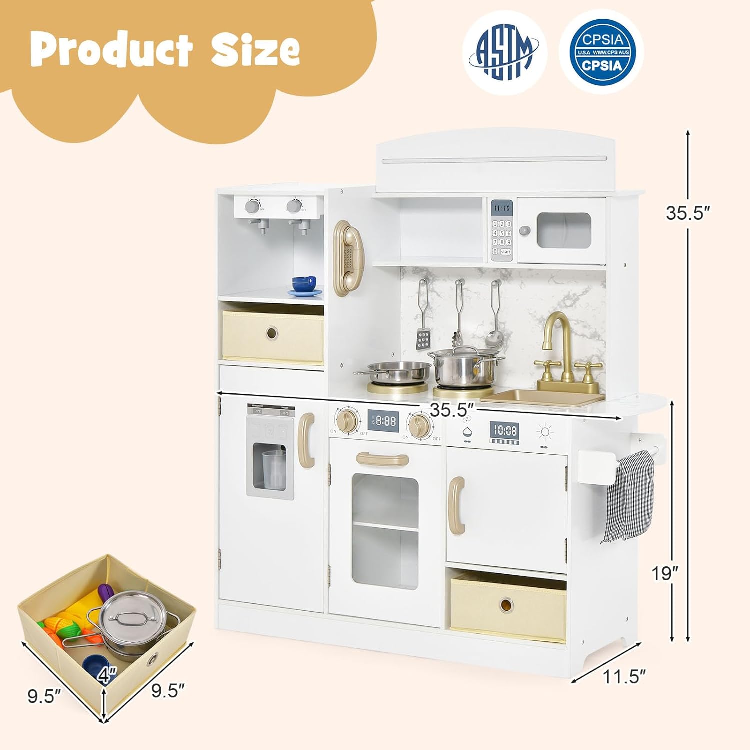 OLAKIDS Wooden Toddler Kitchen Playset with Lights, Coffee Maker, Ice Maker, Stove, Sink, Microwave and 2 Storage Bins