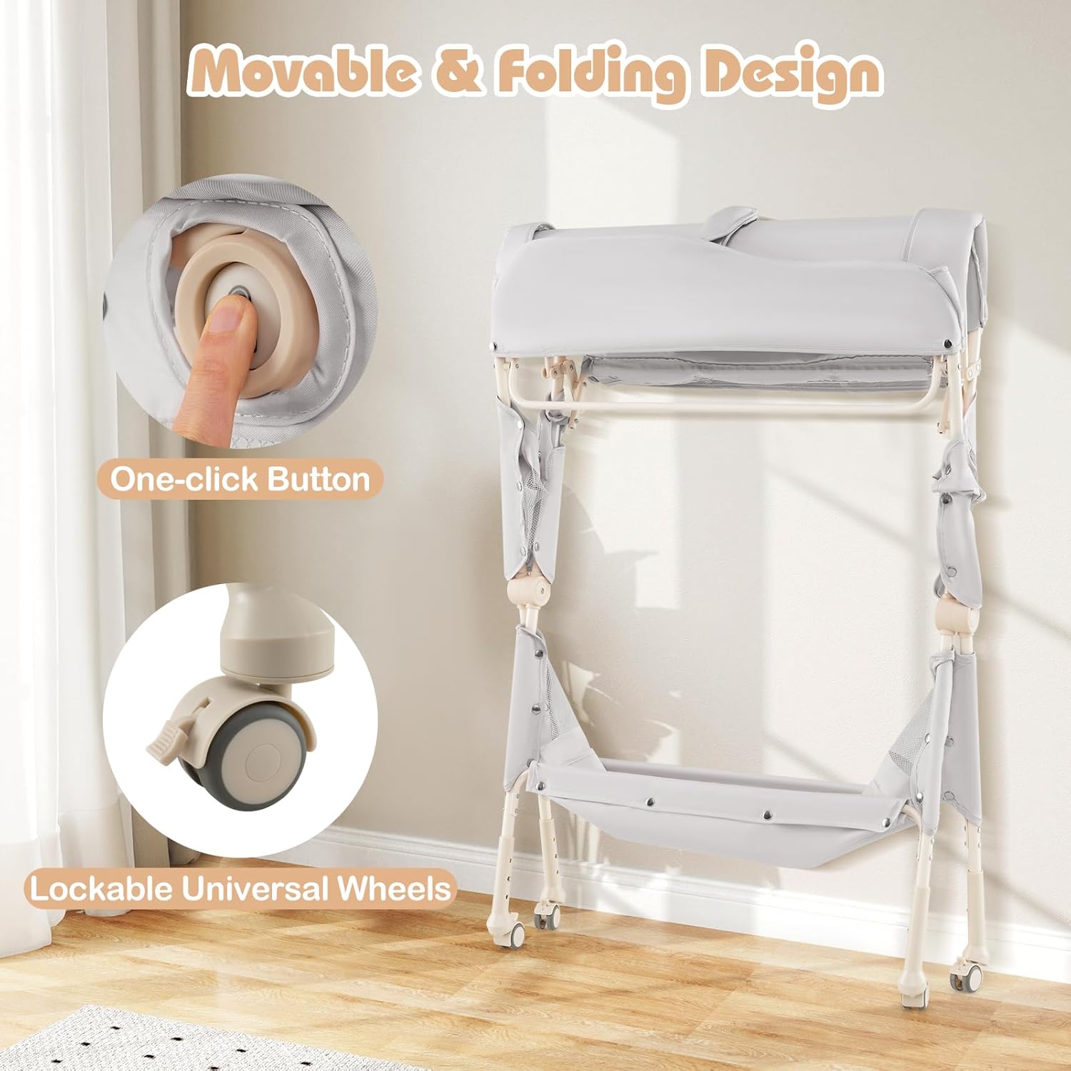 INFANS Baby Changing Table with Wheels, Portable Folding Diaper Station Nursery Organizer with Storage Basket, Hanging Rack, Adjustable Height, Safety Belt for Newborn Infant