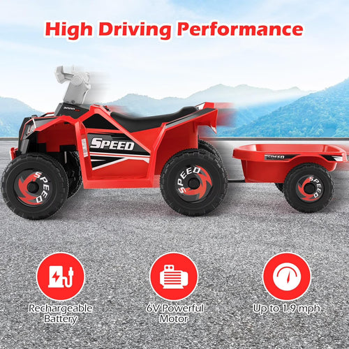 OLAKIDS 6V Kids ATV with Removable Trailer, Forward Backward Function, Widened & Wear-Resistant Wheels, Ride On Toy for Toddlers