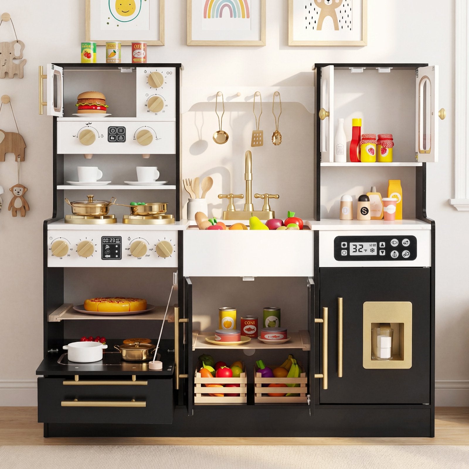 OLAKIDS Kids Kitchen Playset, Wooden Pretend Play Kitchen with Realistic Light Sound 14 Accessories, Toddler Cooking Toy for Boys Girls Aged 3+