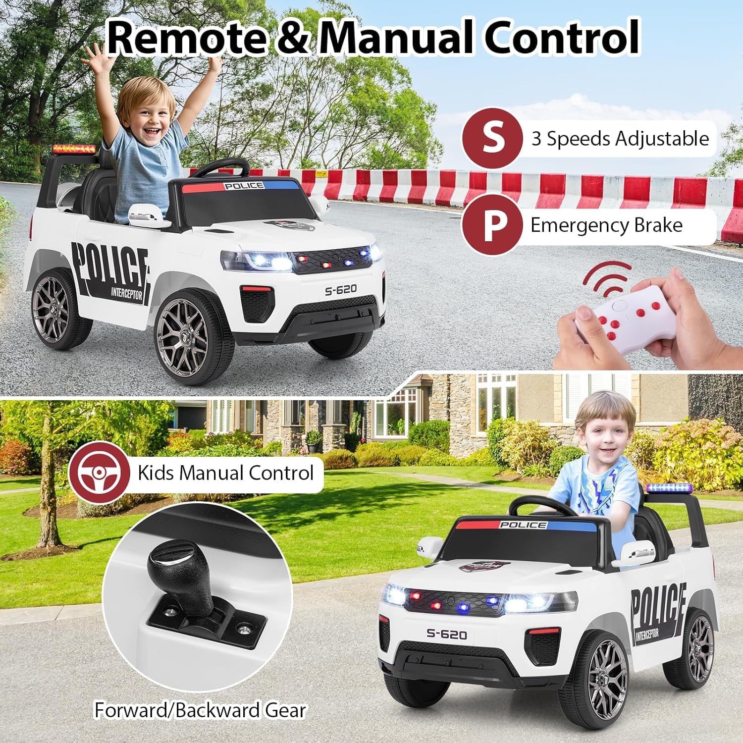 OLAKIDS Ride on Police Car 12V Kids Battery Powered Electric Vehicle for Aged 3-8 Years