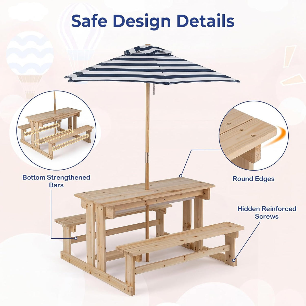 Olakids 4 in 1 Kids Picnic Table with Sand and Water Sensory Bins