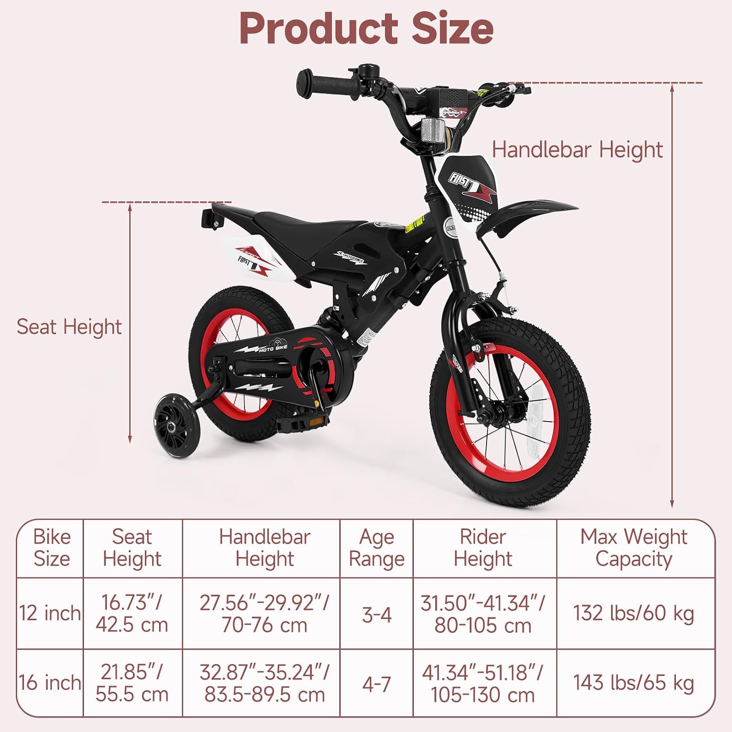 Olakids 12/16 Inch Motorcycle Kids BMX Bike with Light Training Wheels & Suspension