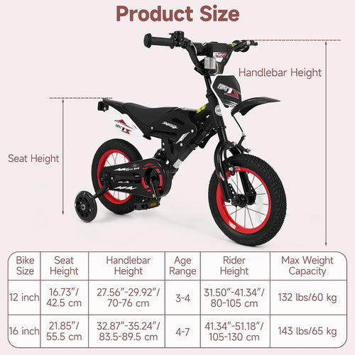 Olakids 12/16 Inch Motorcycle Kids BMX Bike with Light Training Wheels & Suspension
