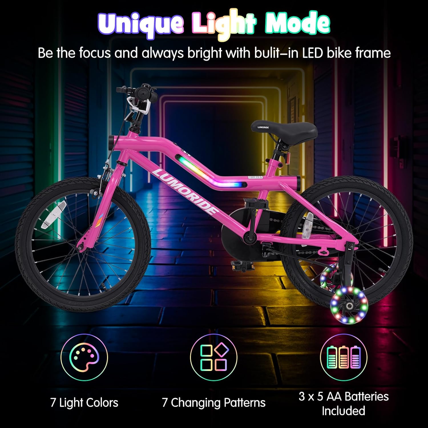 OLAKIDS Kids Bike with LED Lights & Training Wheels, Adjustable Bicycle for Toddlers