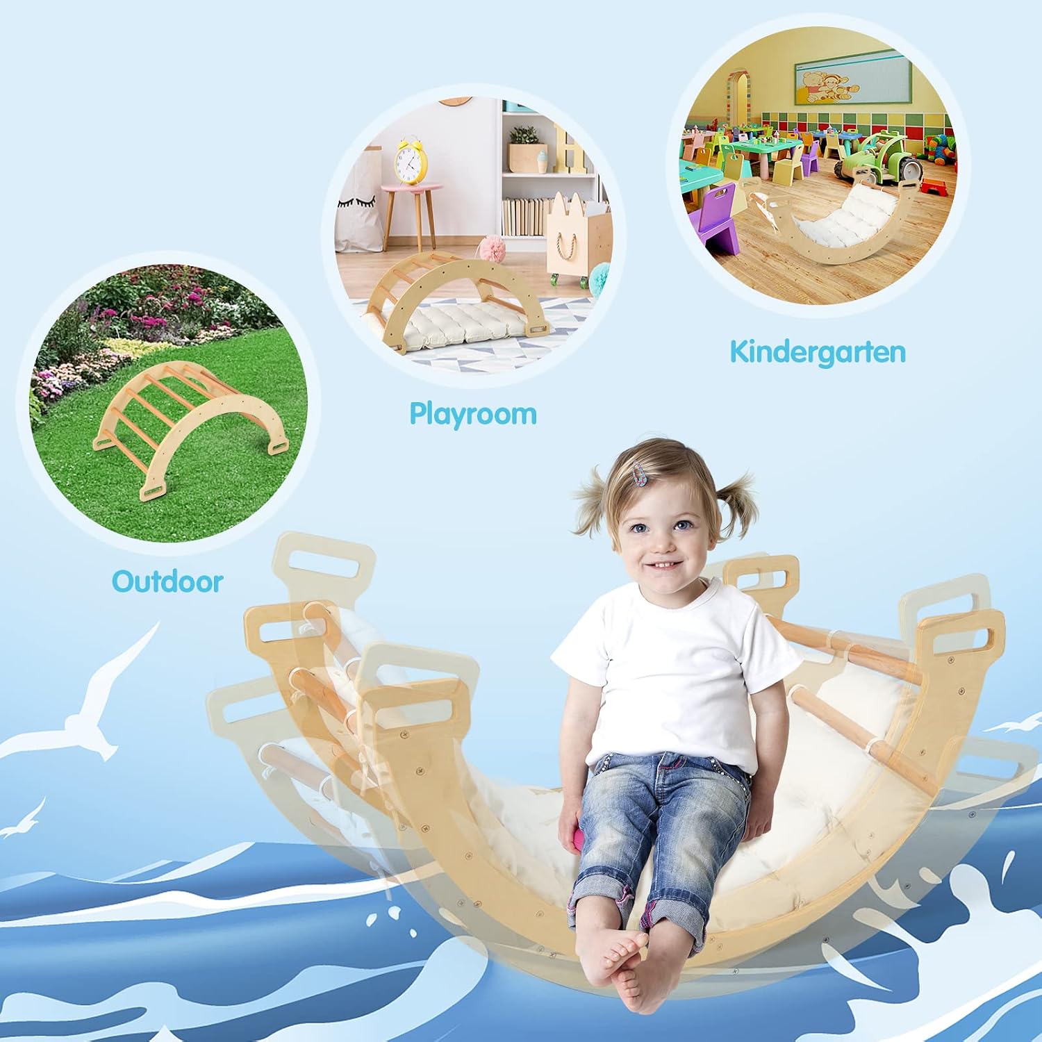 OLAKIDS Wooden Arch Climber Rocker with Soft Cushion, 4 in 1 Montessori Climbing Ladder Toys for Toddlers