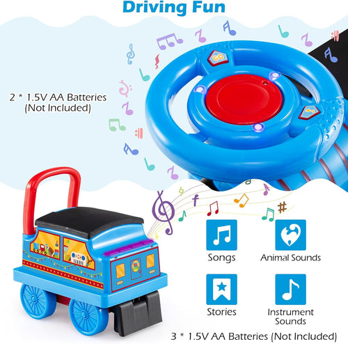 OLAKIDS 6V 2-Seater Ride on Train with Carriage, Storage, Train Whistle, Music, Lights for 18 Months+