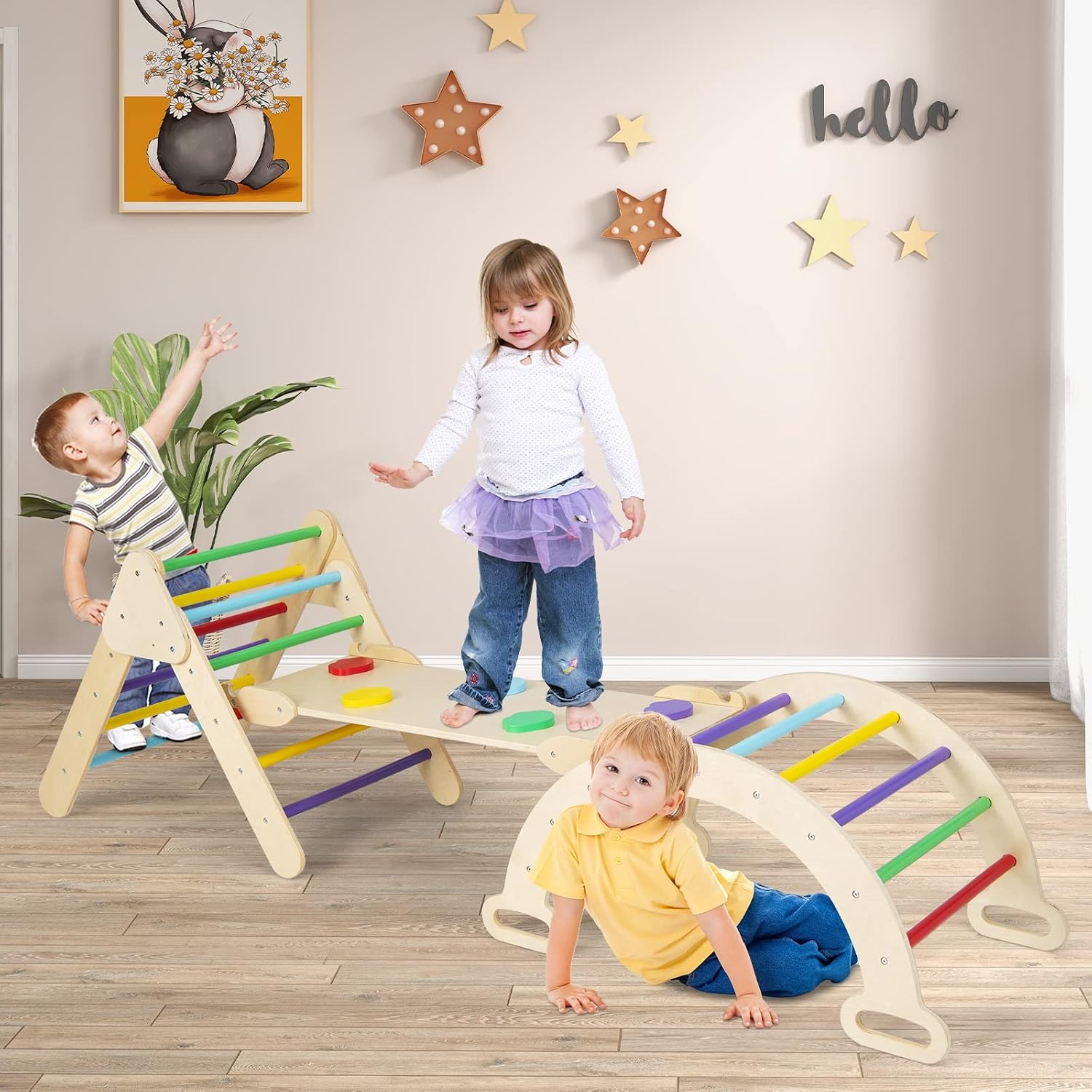 Olakids Pikler Triangle Set 7 in 1 Climbing Toys for 1-3 Inside Foldable Wood Montessori Jungle Gym