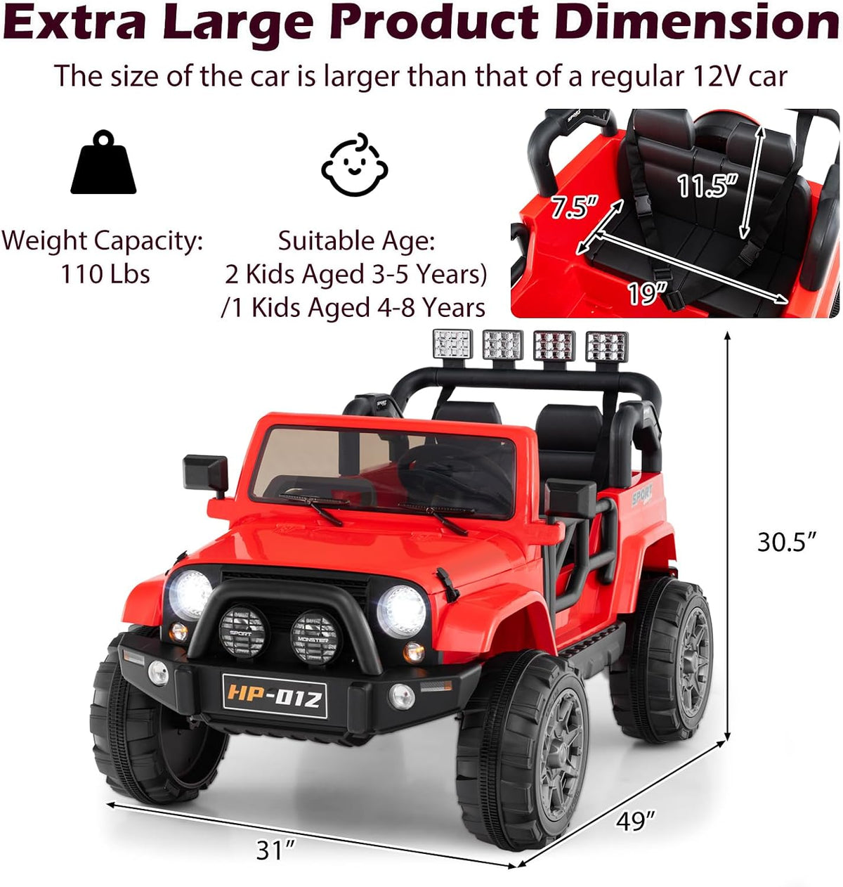 OLAKIDS 2 Seater Ride on Truck, 12V Battery Powered Electric Vehicle for Kids with Remote Control