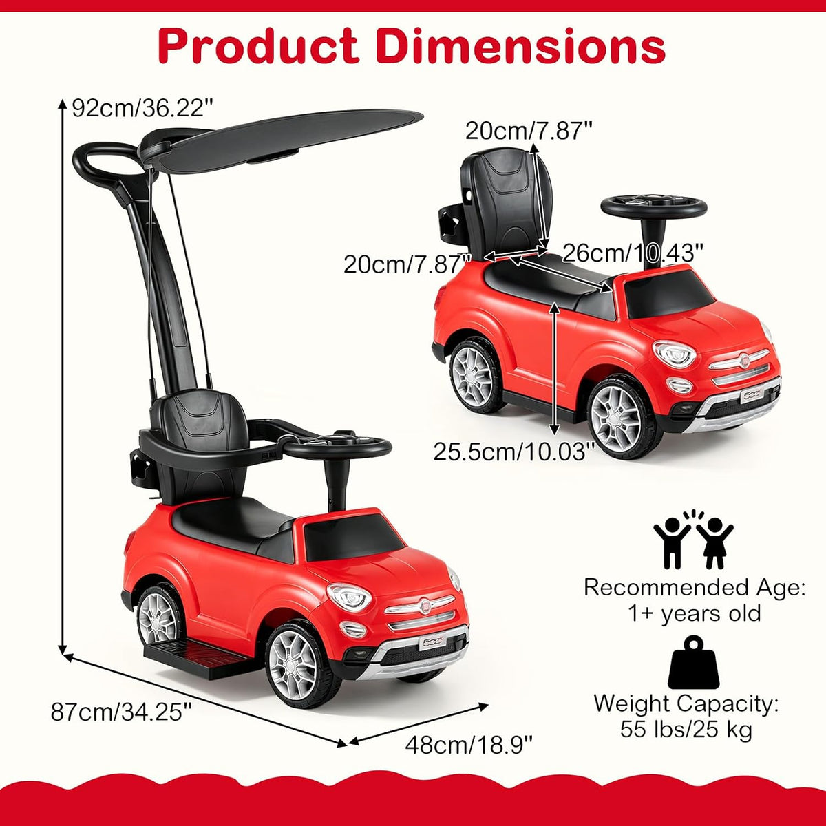 OLAKIDS Licensed Fiat 500X Push Car for Toddlers 4 in 1 Kids Ride on Toys