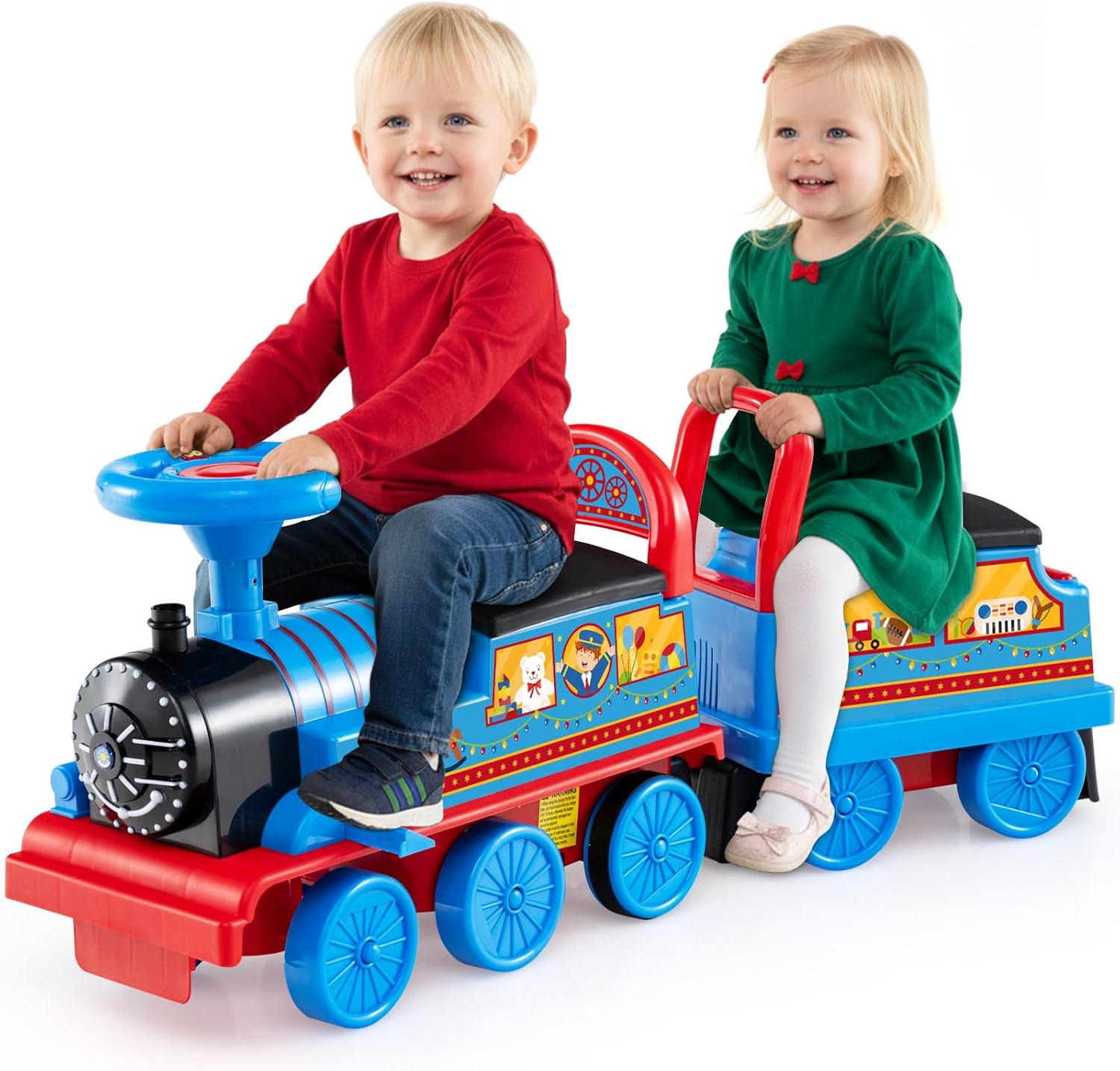 OLAKIDS 6V 2-Seater Ride on Train with Carriage, Storage, Train Whistle, Music, Lights for 18 Months+