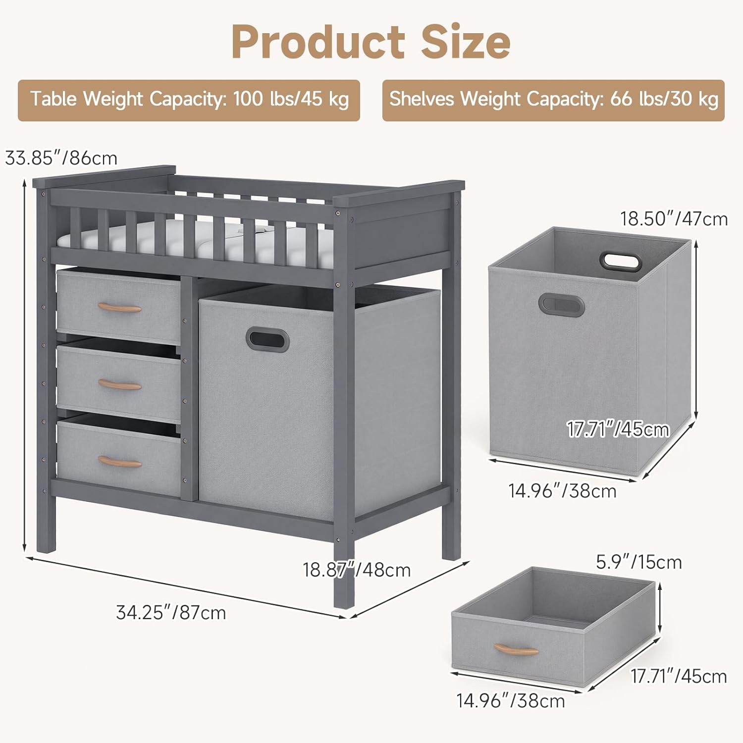 INFANS Wooden Baby Changing Table with 3 Fabric Drawers & Laundry Hamper