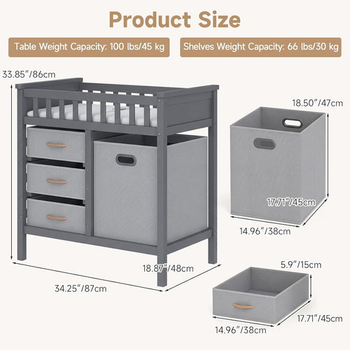 INFANS Wooden Baby Changing Table with 3 Fabric Drawers & Laundry Hamper