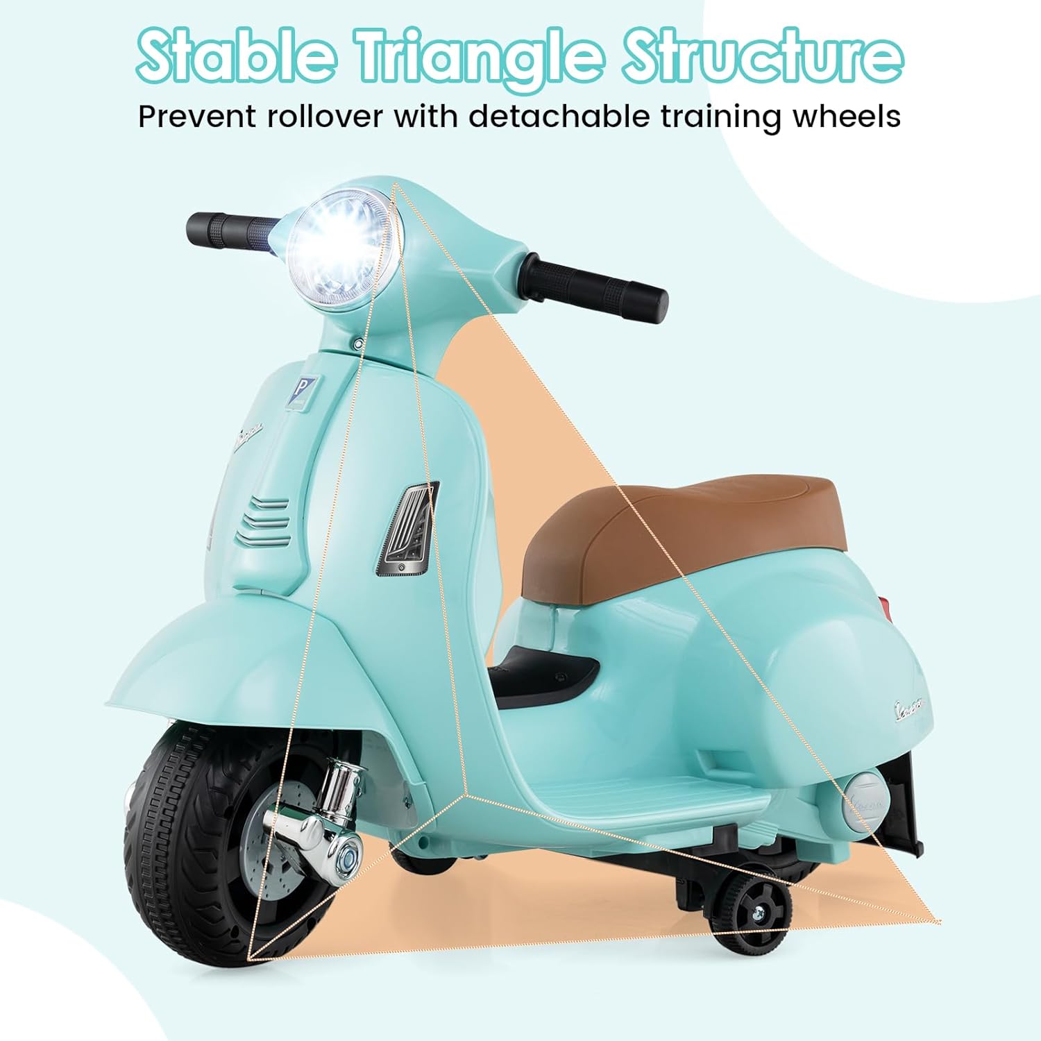 Licensed Vespa Scooter Kids Motorcycle by OLAKIDS, 6V Ride on Electric Motorcycle with Training Wheels