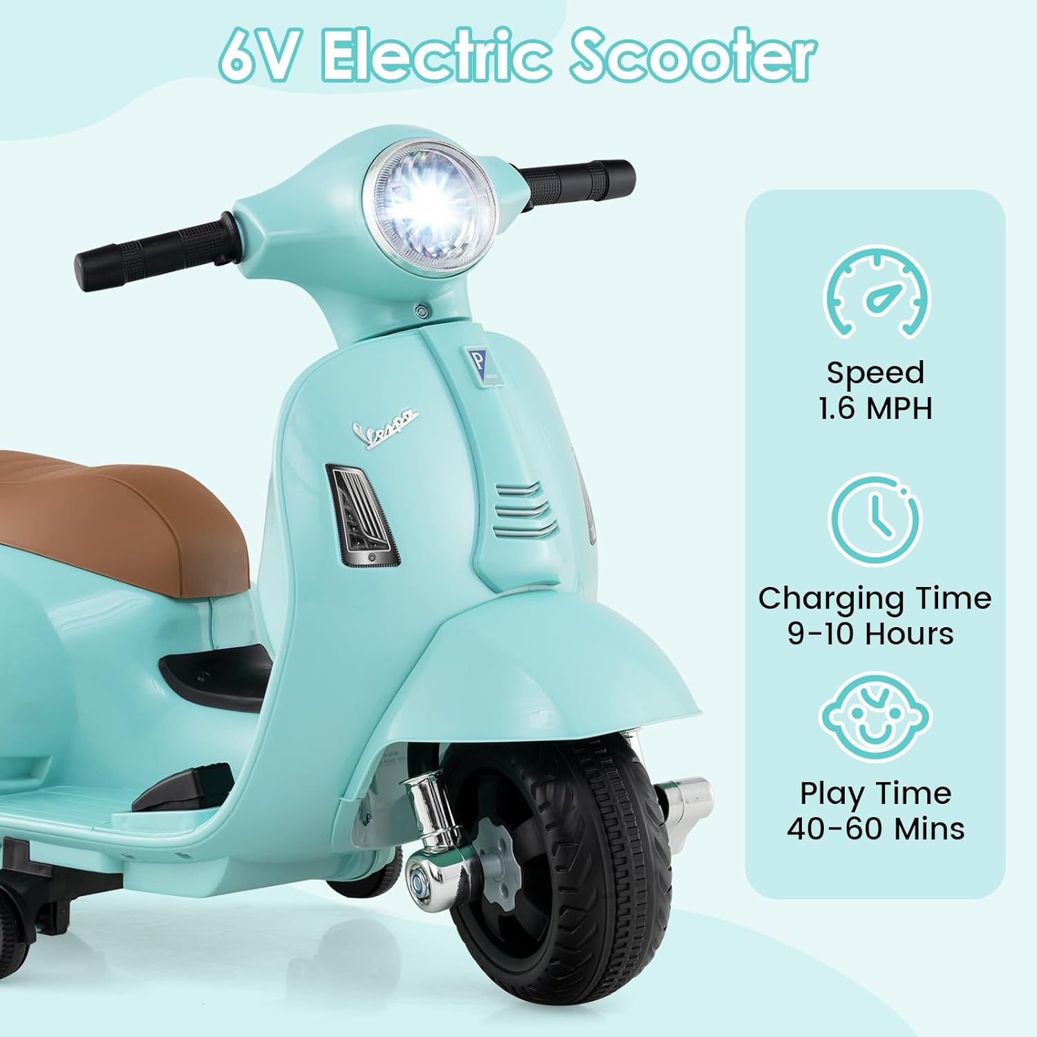 Licensed Vespa Scooter Kids Motorcycle by OLAKIDS, 6V Ride on Electric Motorcycle with Training Wheels