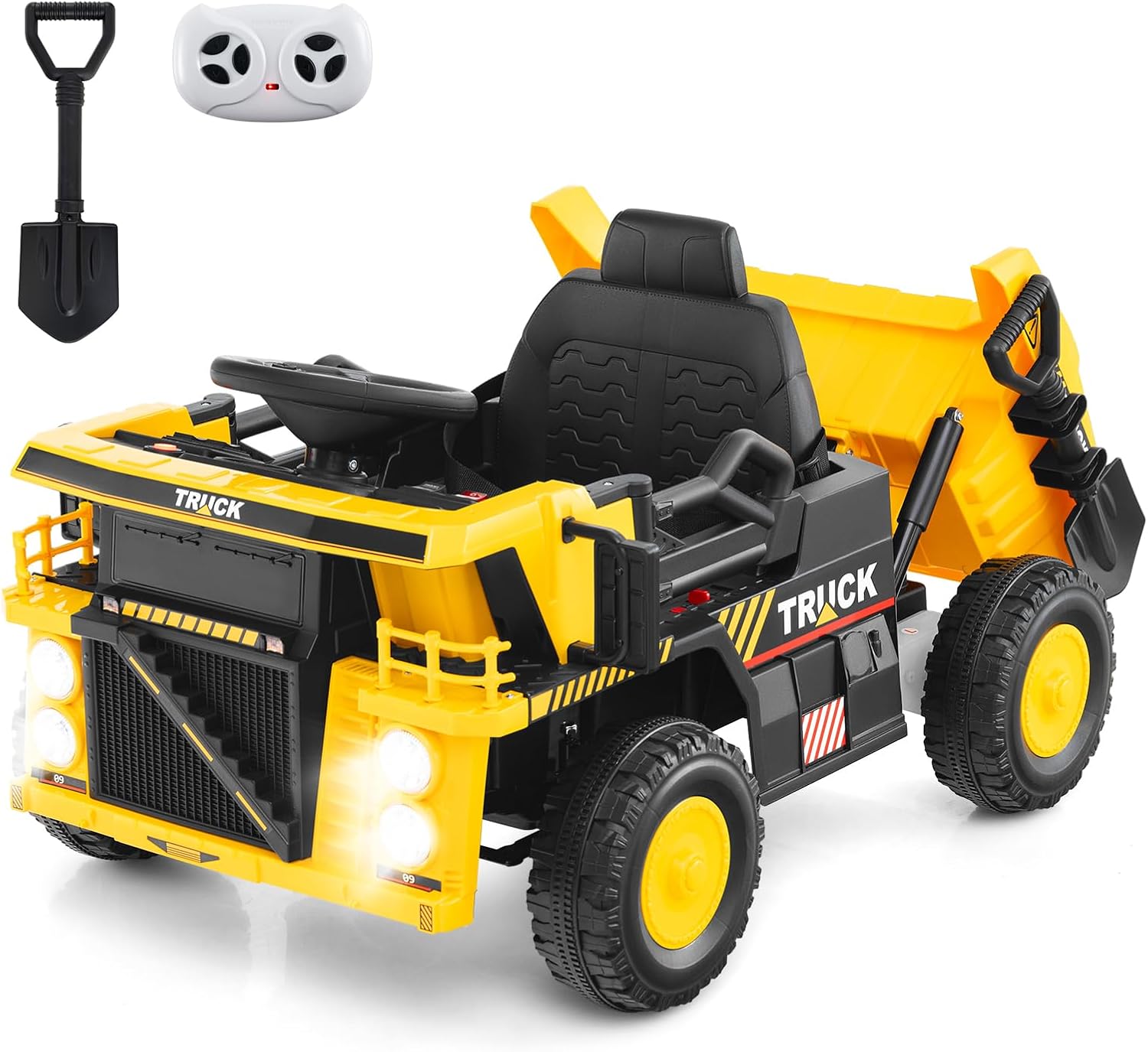 OLAKIDS Ride on Dump Truck, 12V Kids Electric Car Ride on Construction Vehicles with Remote Control, Electric Dump Bed, Shovel, Soft Start, Music, Bluetooth, Ride on Toys for Girls Boys