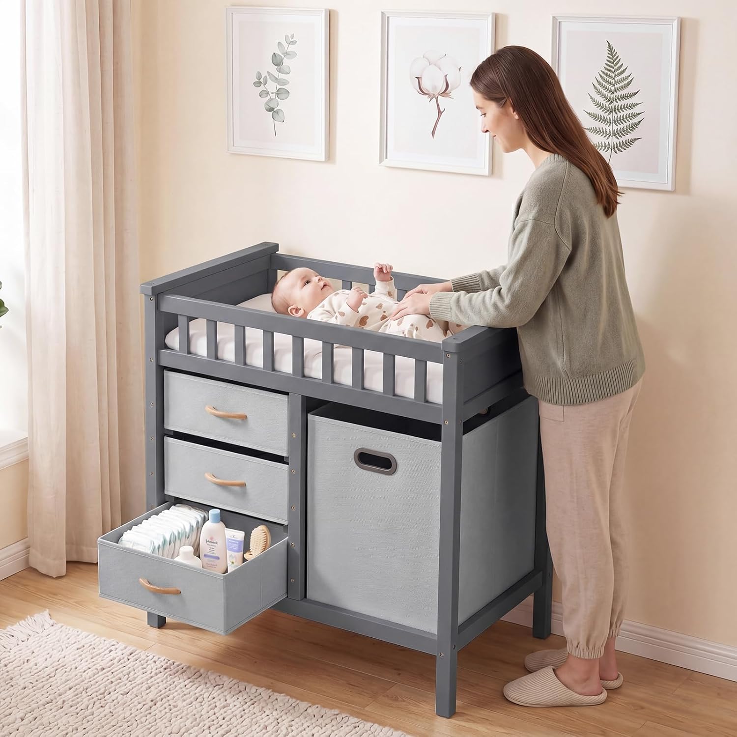 INFANS Wooden Baby Changing Table with 3 Fabric Drawers & Laundry Hamper