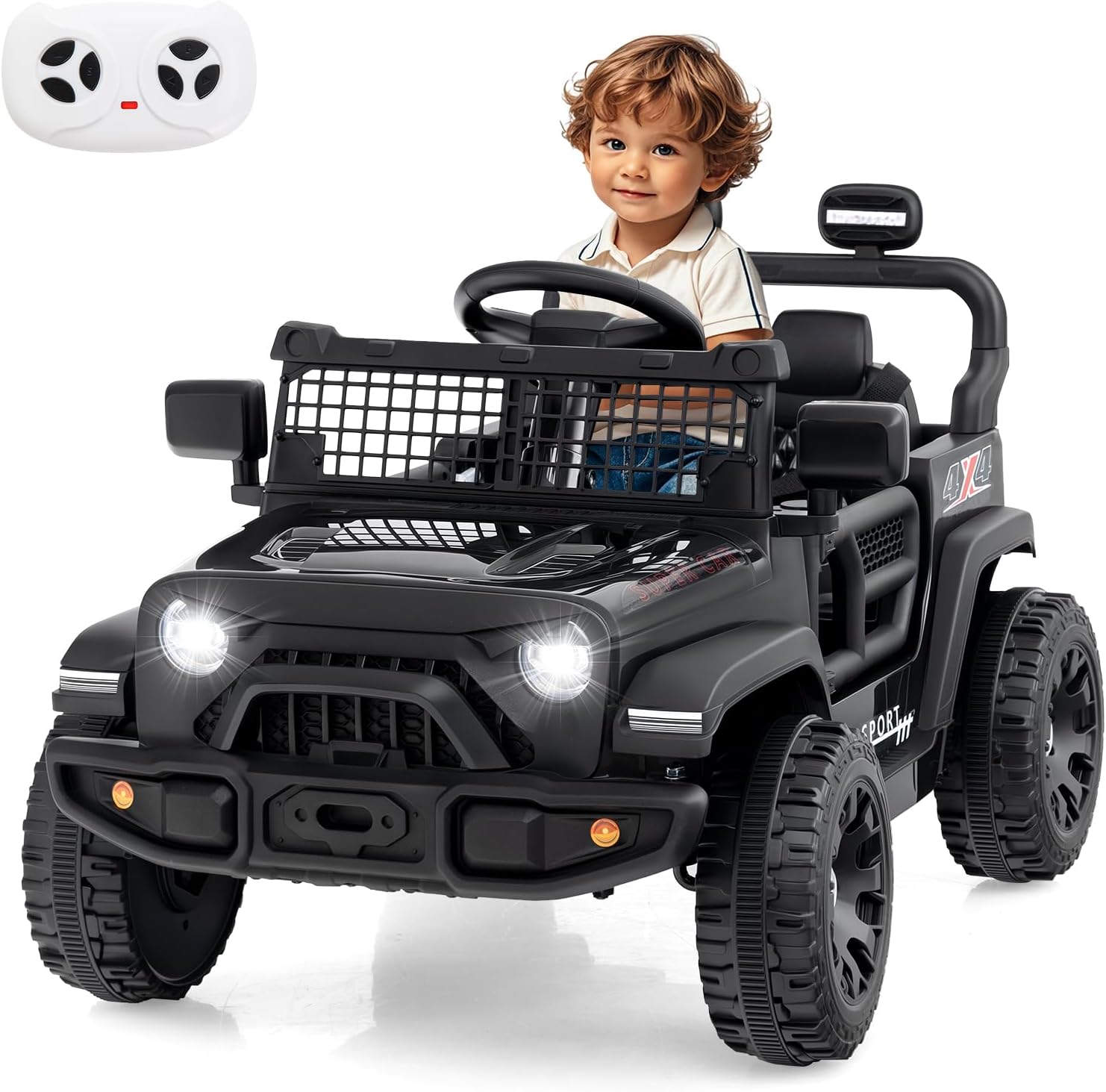 OLAKIDS 12V Ride On Truck, Battery Powered Electric Vehicle for Kids with Remote Control, Foldable Reflective Mirror, Spring Suspension, Music, LED Lights, Ride on Toy for 3+ Boys Girls