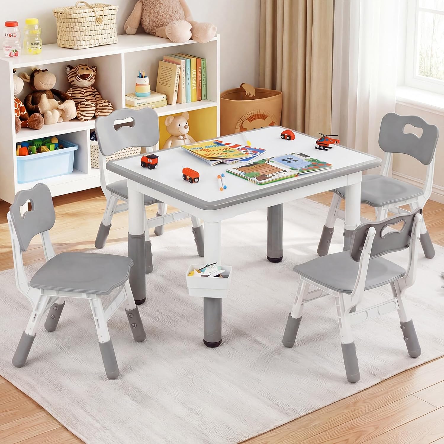 Olakids Kids Table and 4 Chairs Set, Height Adjustable Children Activity Desk for Learning Dining Arts Crafts