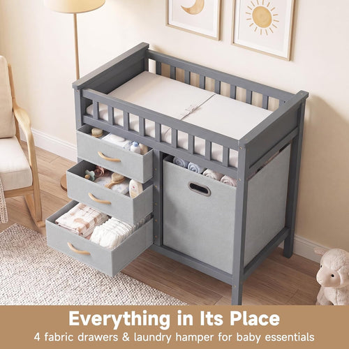 INFANS Wooden Baby Changing Table with 3 Fabric Drawers & Laundry Hamper