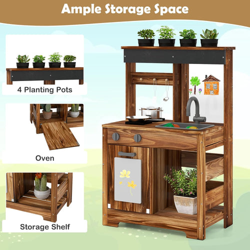 OLAKIDS Mud Kitchen, Outdoor Play Kitchen with Drawing Board, 4 Cups, Removable Sink, Storage, Cooking Accessories for Boys Girls Ages 3+
