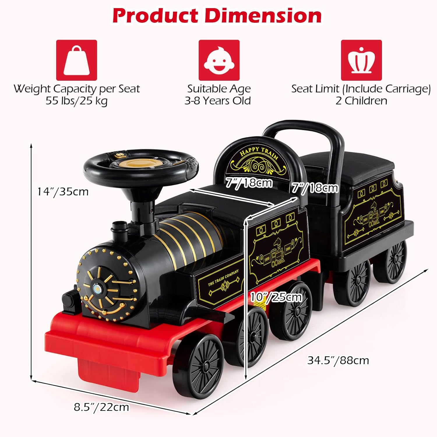 OLAKIDS 6V 2-Seater Ride on Train with Carriage, Storage, Train Whistle, Music, Lights for 18 Months+