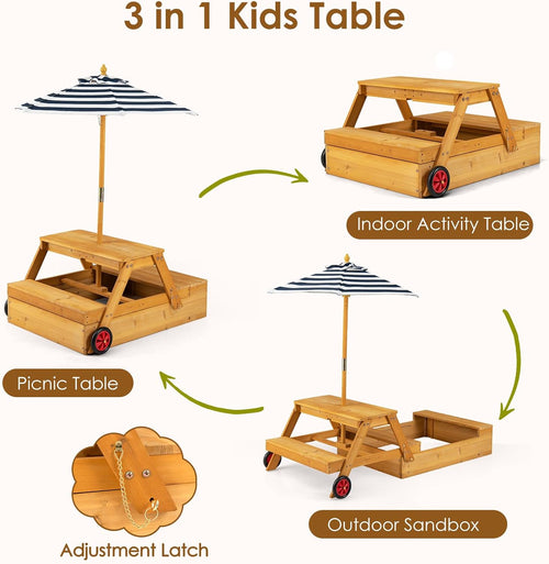 OLAKIDS 3-in-1 Wooden Kids Picnic Table, Outdoor Sandbox with Lid, Benches, Wheels, Storage & Adjustable Umbrella