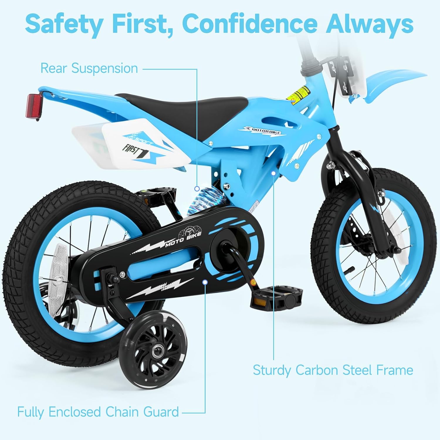 Olakids 12/16 Inch Motorcycle Kids BMX Bike with Light Training Wheels & Suspension