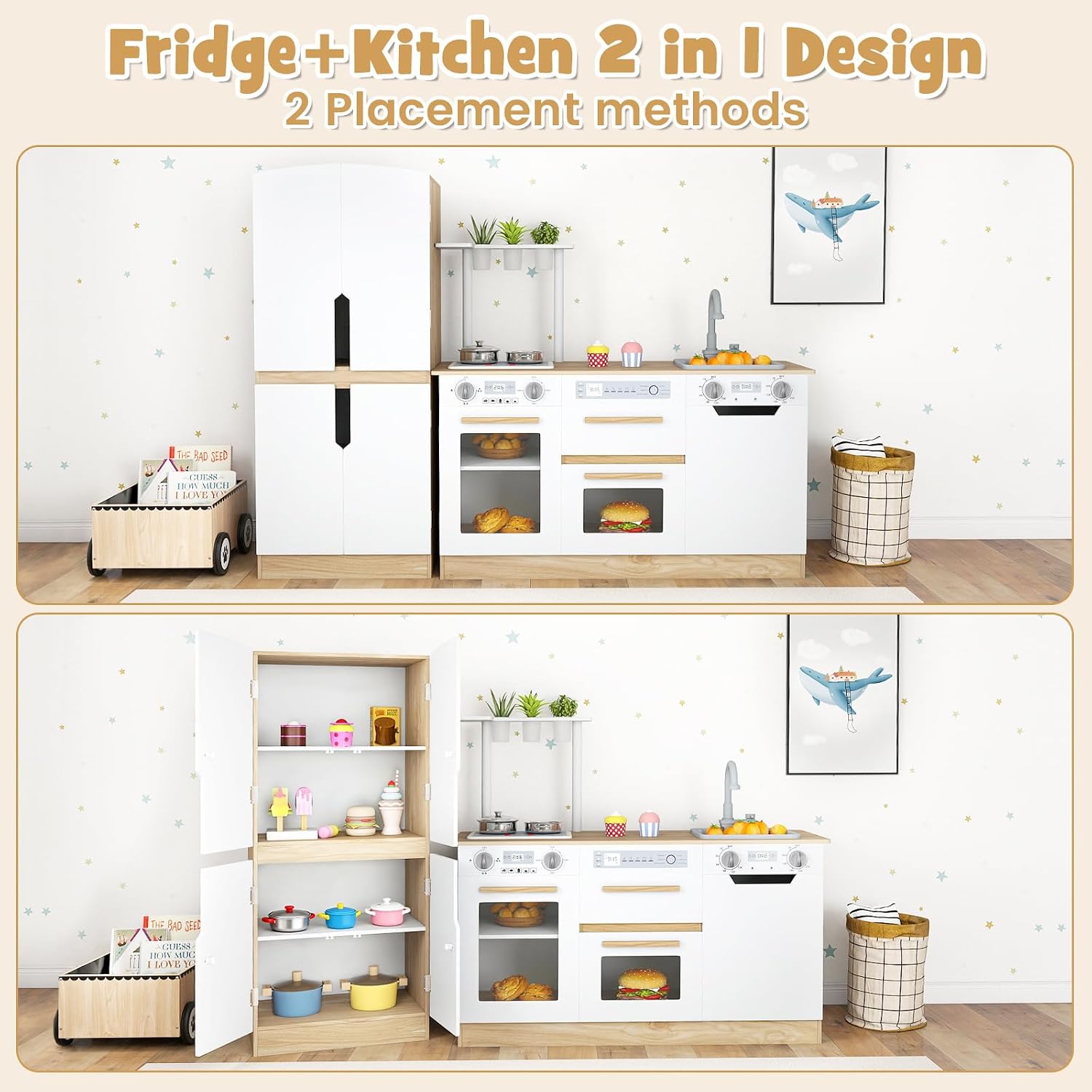 OLAKIDS Kids Kitchen Playset, 2 in 1 Wooden Pretend Play Kitchen