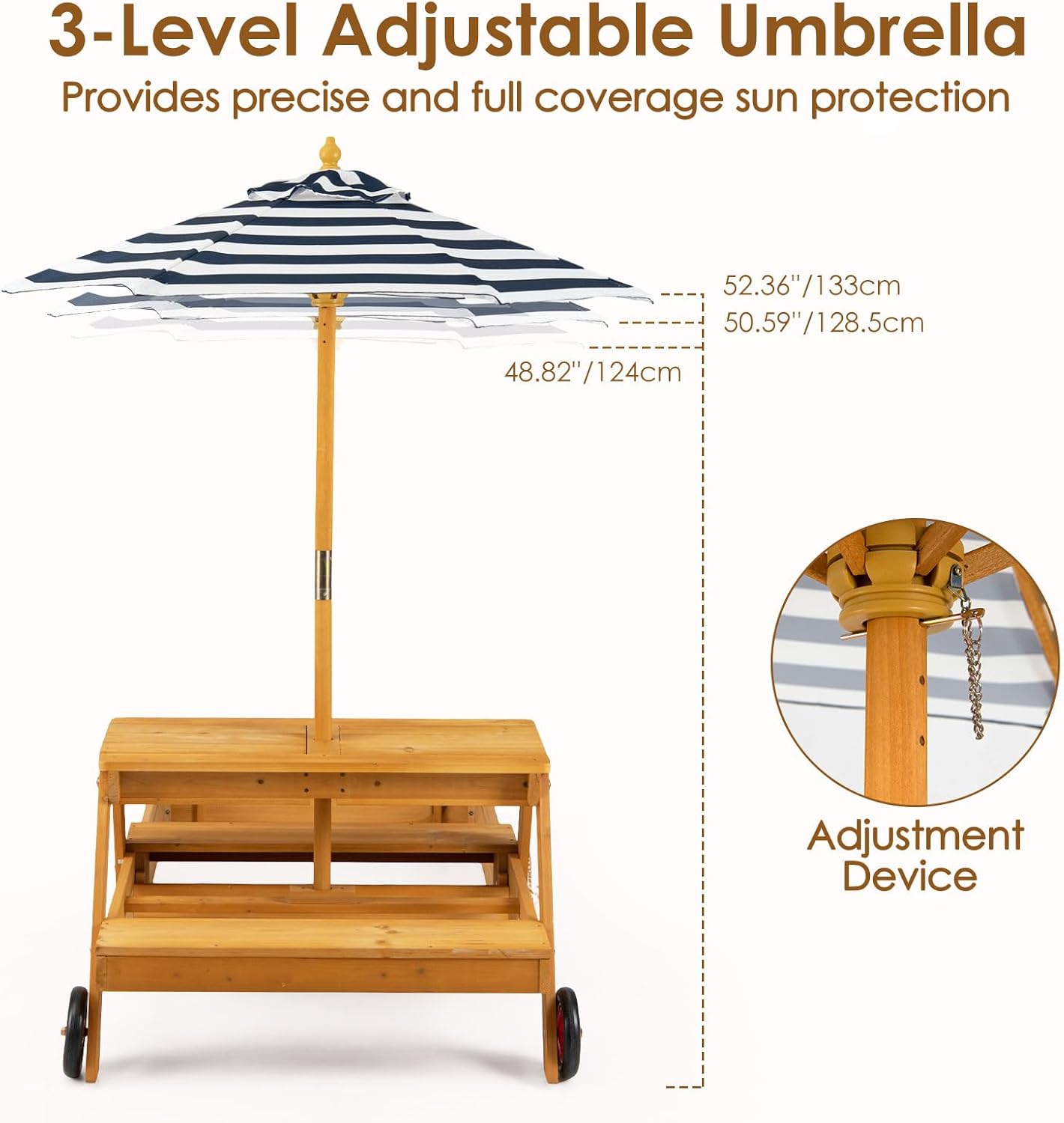 OLAKIDS 3-in-1 Wooden Kids Picnic Table, Outdoor Sandbox with Lid, Benches, Wheels, Storage & Adjustable Umbrella