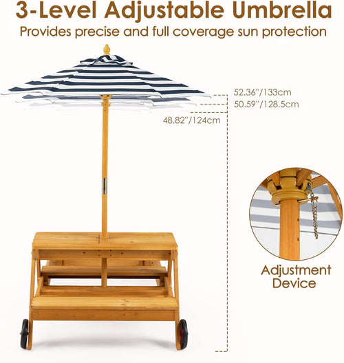 OLAKIDS 3-in-1 Wooden Kids Picnic Table, Outdoor Sandbox with Lid, Benches, Wheels, Storage & Adjustable Umbrella