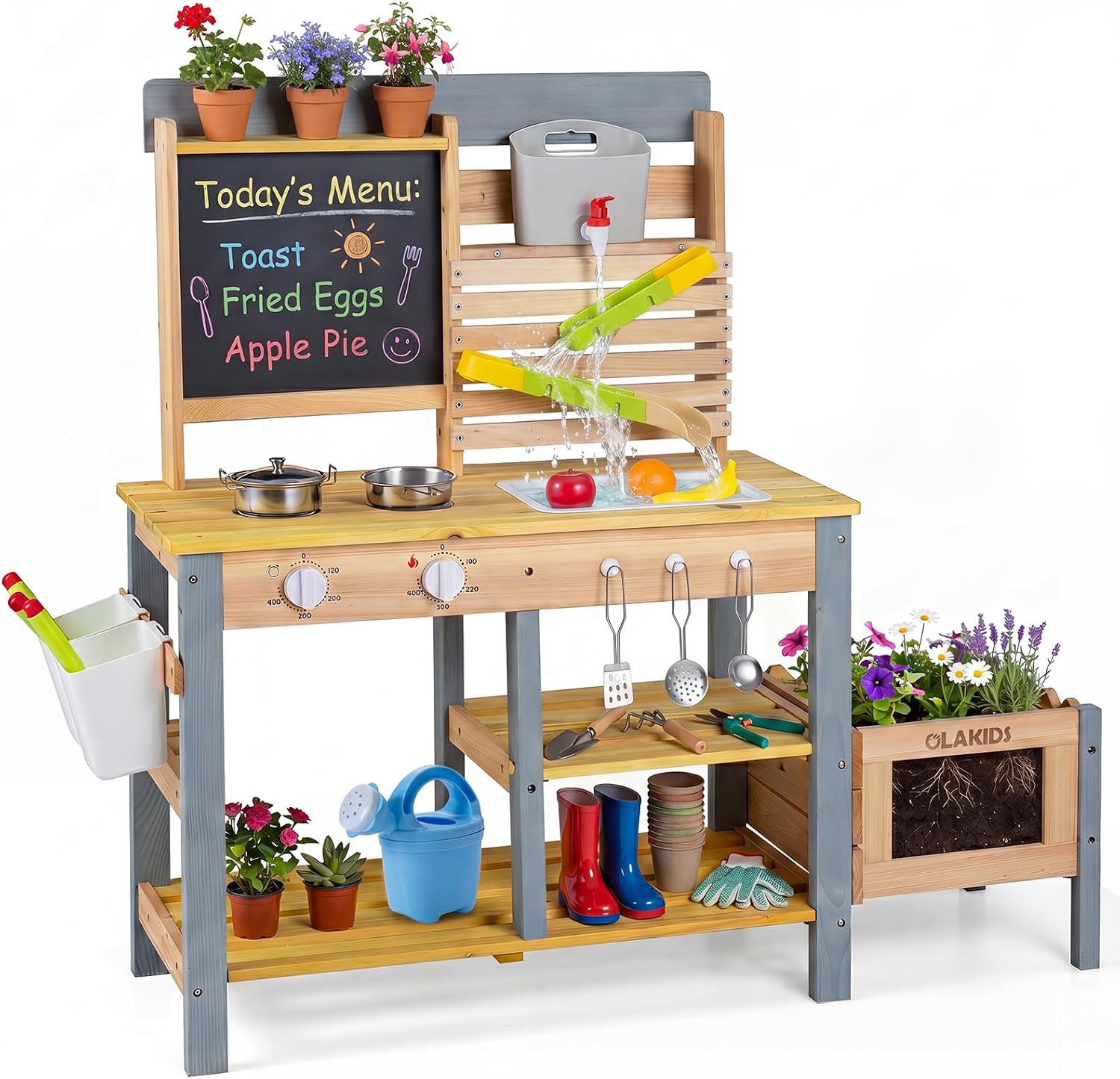 OLAKIDS Wooden Mud Kitchen for Kids Outdoor Play Monteeori Toys for Toddlers Ages 3+