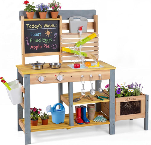 OLAKIDS Wooden Mud Kitchen for Kids Outdoor Play Monteeori Toys for Toddlers Ages 3+