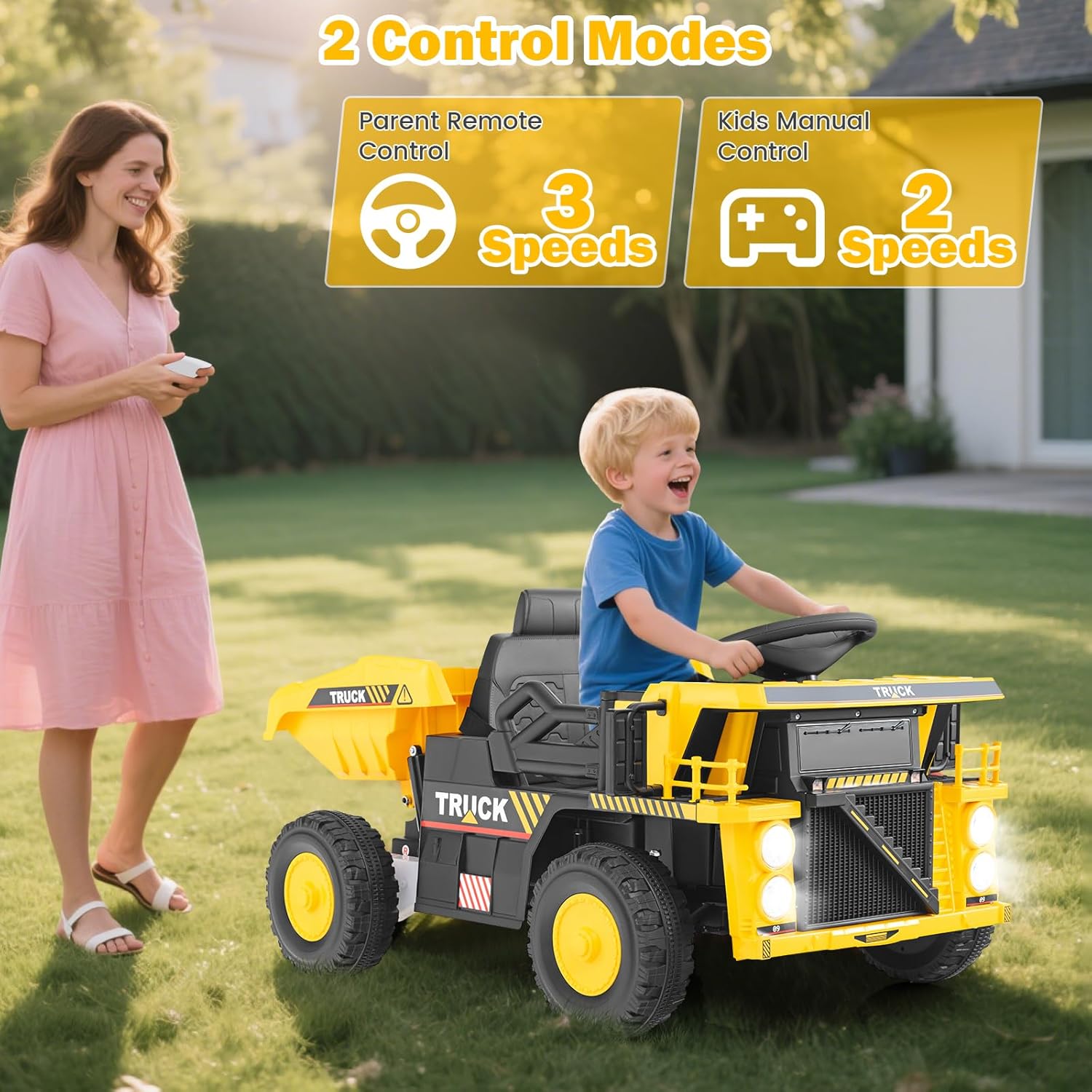 OLAKIDS Ride on Dump Truck, 12V Kids Electric Car Ride on Construction Vehicles with Remote Control, Electric Dump Bed, Shovel, Soft Start, Music, Bluetooth, Ride on Toys for Girls Boys