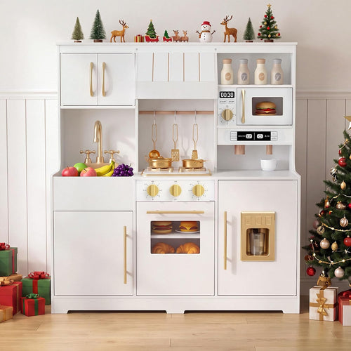 OLAKIDS Wooden Toy Kitchen Set with Lights Sounds Ice Machine Coffee Maker 12Pcs Accessories for Kids Ages 3+
