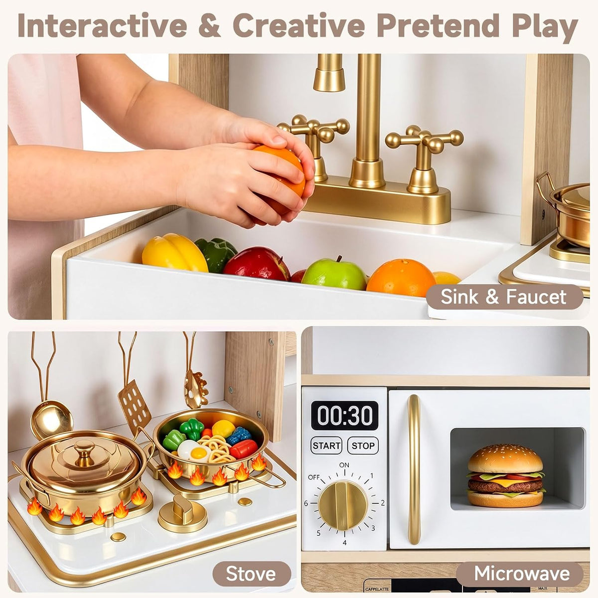 OLAKIDS Wooden Toy Kitchen Set with Lights Sounds Ice Machine Coffee Maker 12Pcs Accessories for Kids Ages 3+
