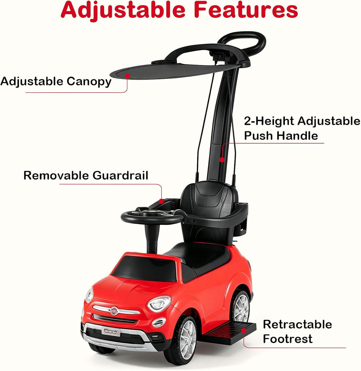 OLAKIDS Licensed Fiat 500X Push Car for Toddlers 4 in 1 Kids Ride on Toys