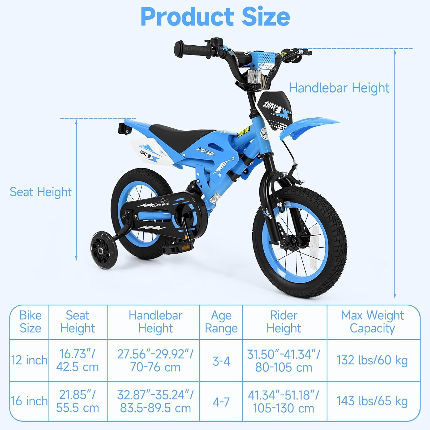 Olakids 12/16 Inch Motorcycle Kids BMX Bike with Light Training Wheels & Suspension
