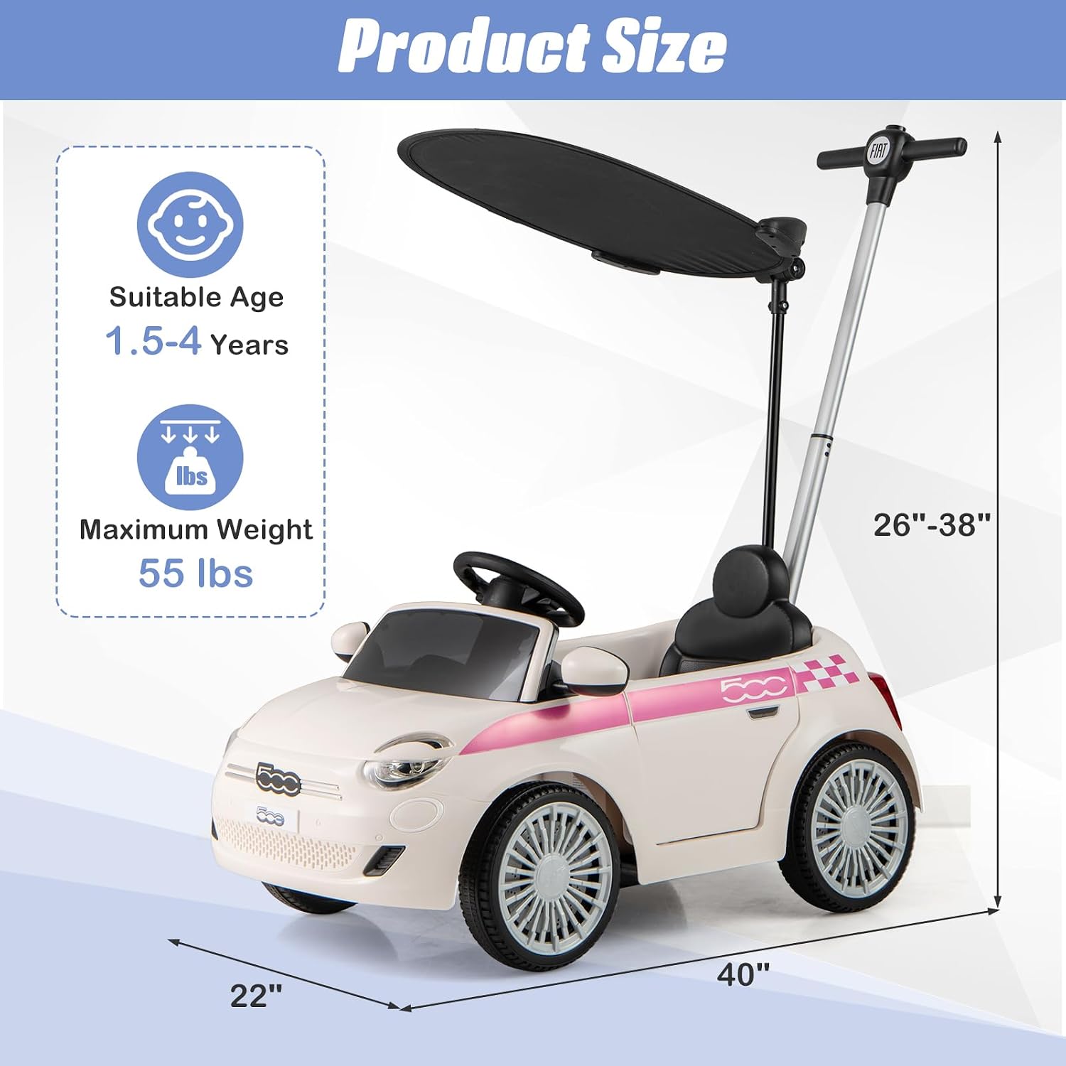 OLAKIDS Licensed Fiat 500 Ride on Push Car for Kids Toddlers 18 Month+