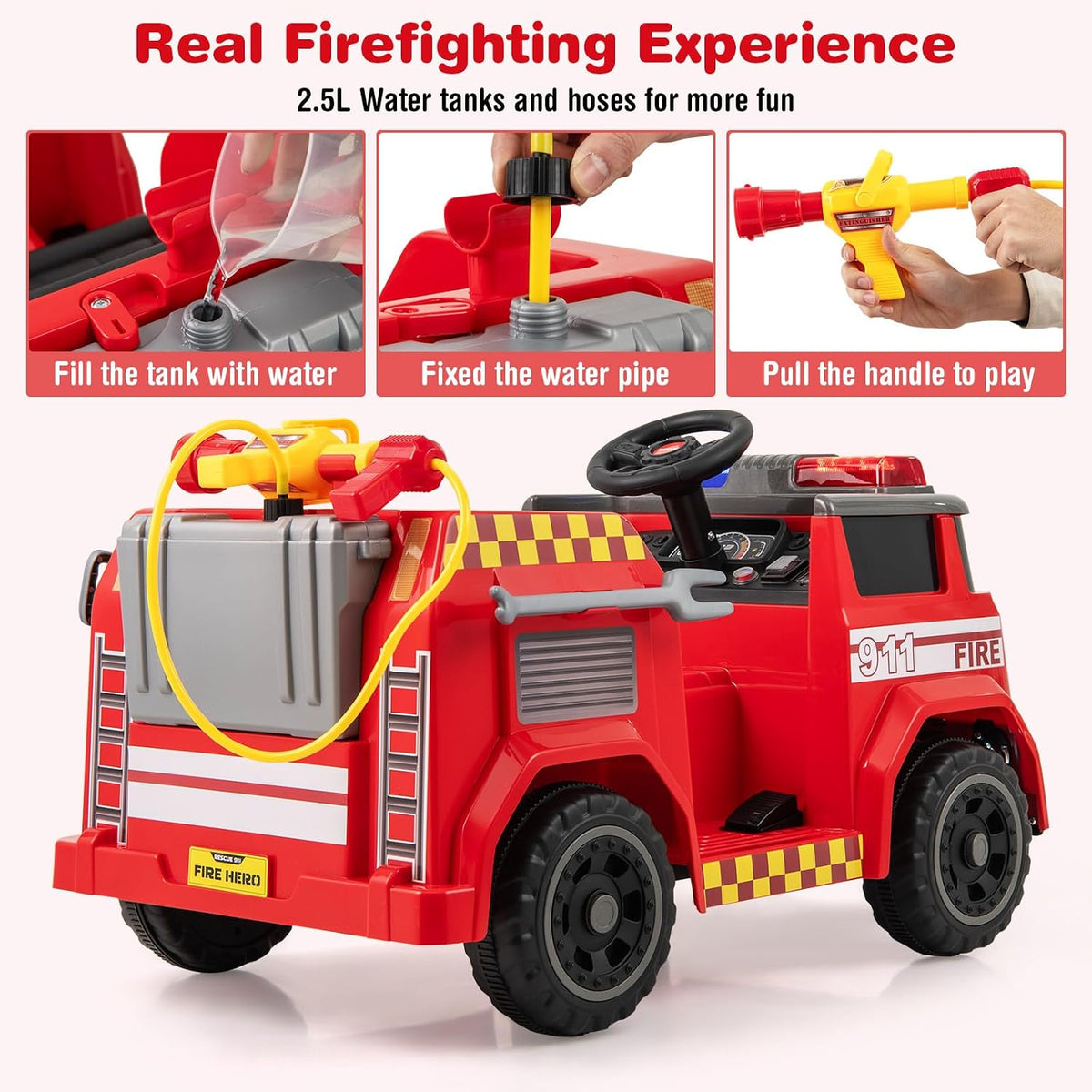 OLAKIDS 12V Ride on Fire Truck with Water Gun, Tank, Megaphone, Siren, Alarm Lamps, Shovel, Remote Control, Music, Aged 3+ Years