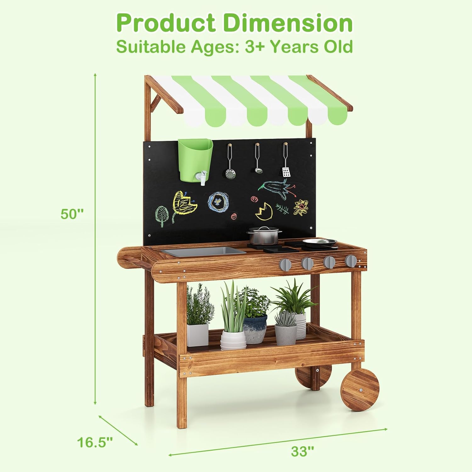 OLAKIDS Mud Kitchen, Outdoor Play Kitchen with Drawing Board, Real Water Flow, Removable Sink, Storage, Cooking Accessories,for Boys Girls Ages 3+