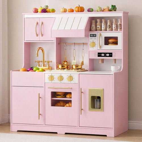 OLAKIDS Wooden Toy Kitchen Set with Lights Sounds Ice Machine Coffee Maker 12Pcs Accessories for Kids Ages 3+