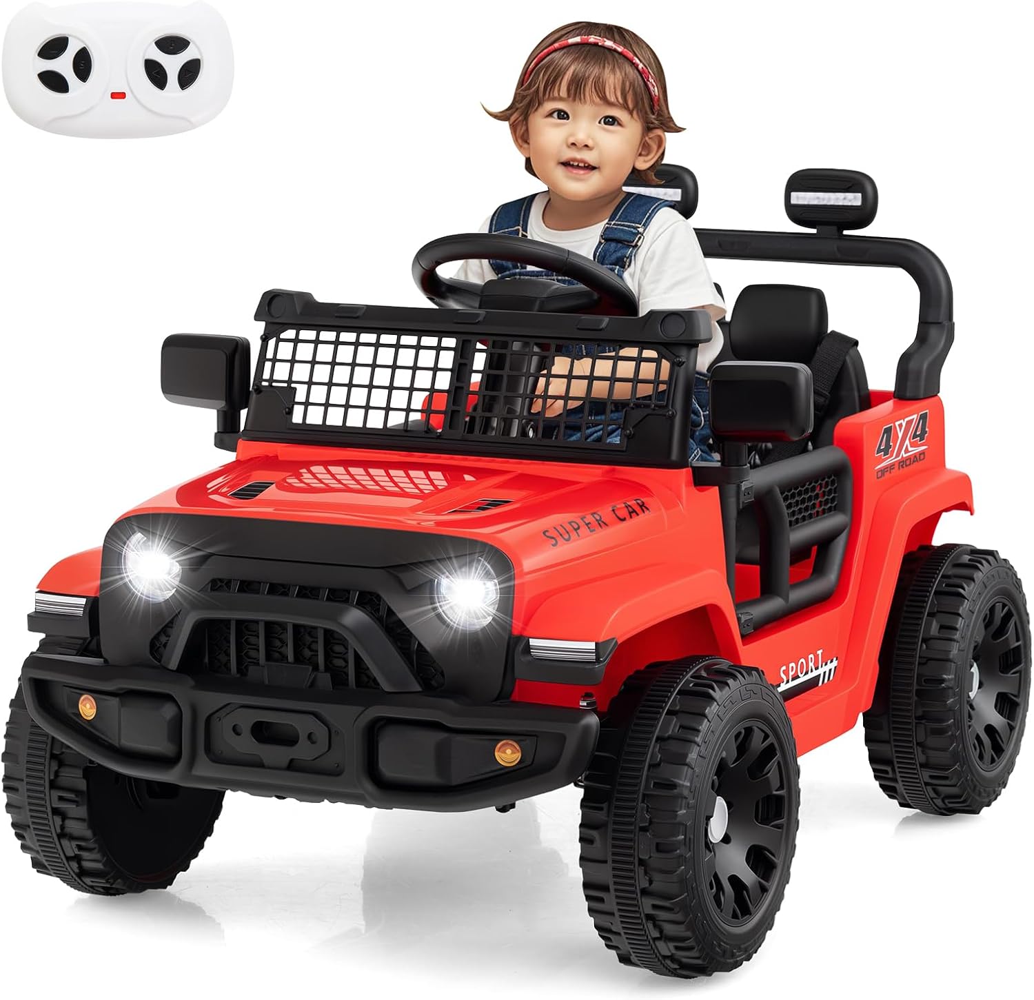 OLAKIDS 12V Ride On Truck, Battery Powered Electric Vehicle for Kids with Remote Control, Foldable Reflective Mirror, Spring Suspension, Music, LED Lights, Ride on Toy for 3+ Boys Girls