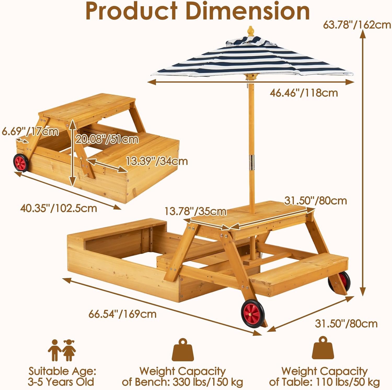 OLAKIDS 3-in-1 Wooden Kids Picnic Table, Outdoor Sandbox with Lid, Benches, Wheels, Storage & Adjustable Umbrella