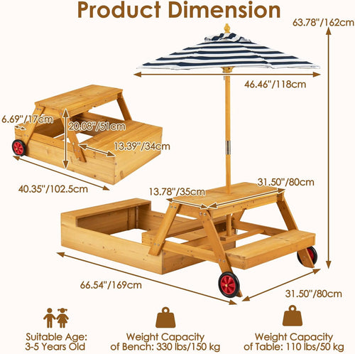 OLAKIDS 3-in-1 Wooden Kids Picnic Table, Outdoor Sandbox with Lid, Benches, Wheels, Storage & Adjustable Umbrella