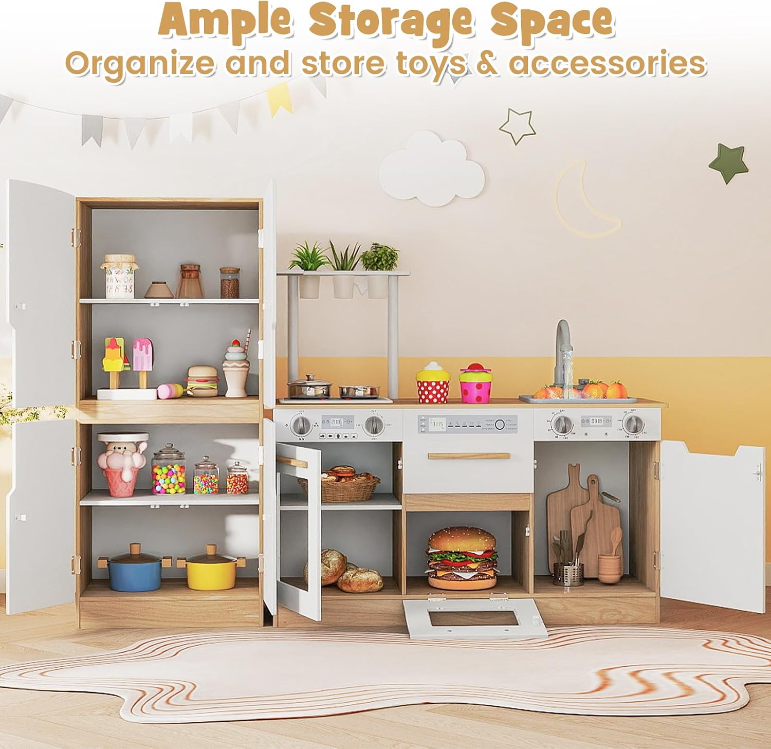 OLAKIDS Kids Kitchen Playset, 2 in 1 Wooden Pretend Play Kitchen